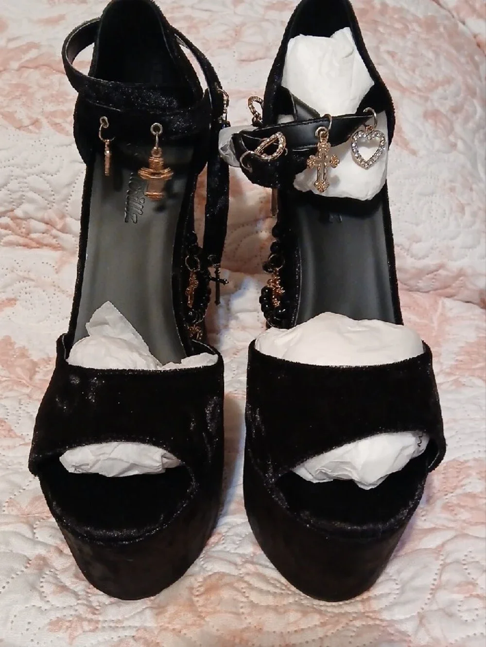 Sugar Thrillz Black Velvet Platform Heel with Heart & Cross Charms